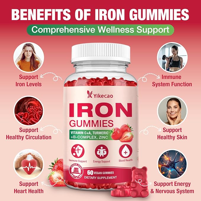 2 Pack Vegan Iron Gummies, Iron Supplement for Women & Men, with Vitamin C, A, B-Complex, Folate, Zinc, and Biotin, Strawberry Flavor, 120 Count
