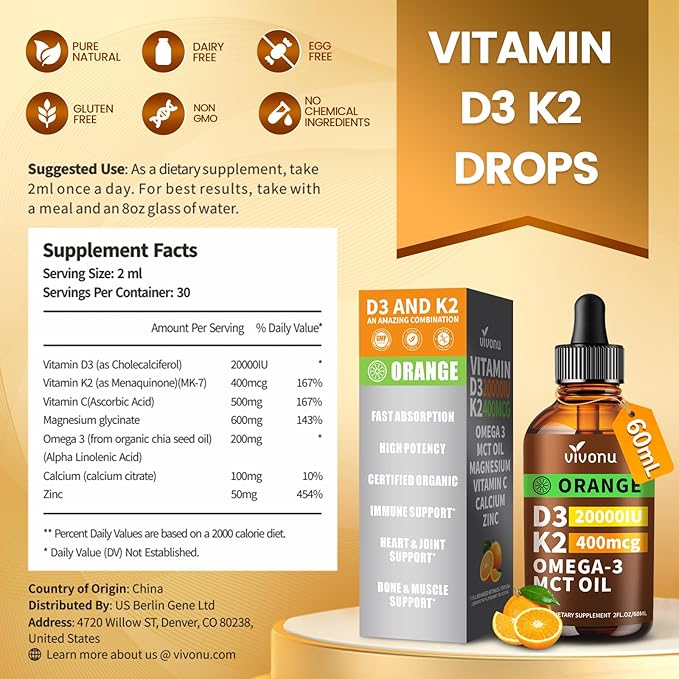 Vitamin D3 K2 Drops, D3 20000 IU & K2 as MK-7 400mcg with Magnesium, Calcium, Zinc & Omega 3 for Immune*, Mood*, Bone* Health, Orange Flavor Vitamin D Liquid Drops Supplement(1 Bottle)