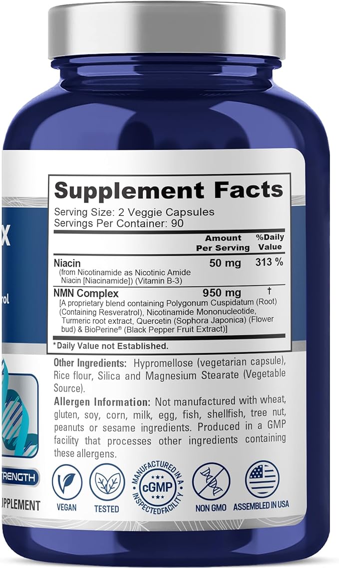 NusaPure NMN Complex 1,000 mg per Serving with Resveratrol, Turmeric Root, Quercetin & BioPerine, 180 Vegan Capsules (90 Servings) – Non-GMO, Vegan, Lab Tested, Made in cGMP Facility