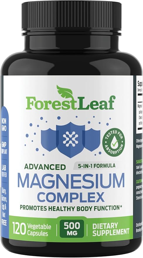 ForestLeaf Magnesium Complex for Women and Men - 500mg Magnesium Supplement for Sleep - 5-in-1 Chelated Magnesium Citrate, Bisglycinate, Malate, Taurate, Oxide (120 Ct)
