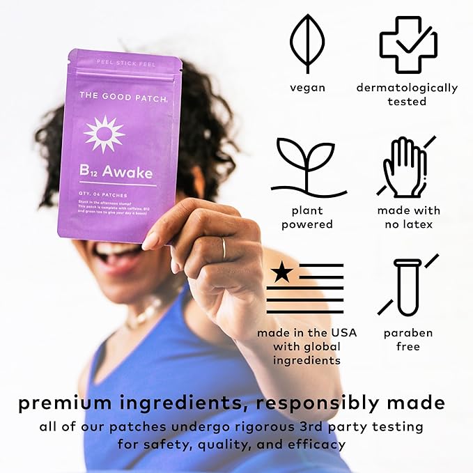 The Good Patch B12 Awake Patch, Caffeine, B12 and Green Tea Extract, Natural Plant Powered Wearable Wellness, Helps to Promote Energy (8 Total Patches)