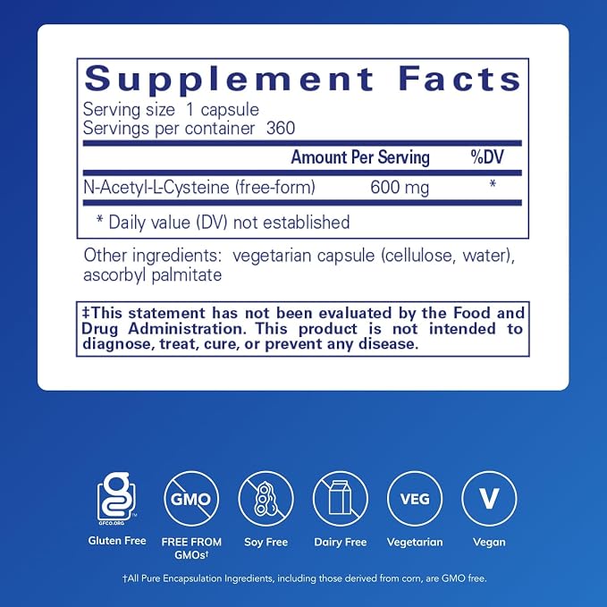 Pure Encapsulations NAC 600 mg - N-Acetyl Cysteine NAC Supplement for Lung Health & Immune Support, Liver Support & Antioxidants* - with Freeform N-Acetyl-L-Cysteine - 360 Capsules