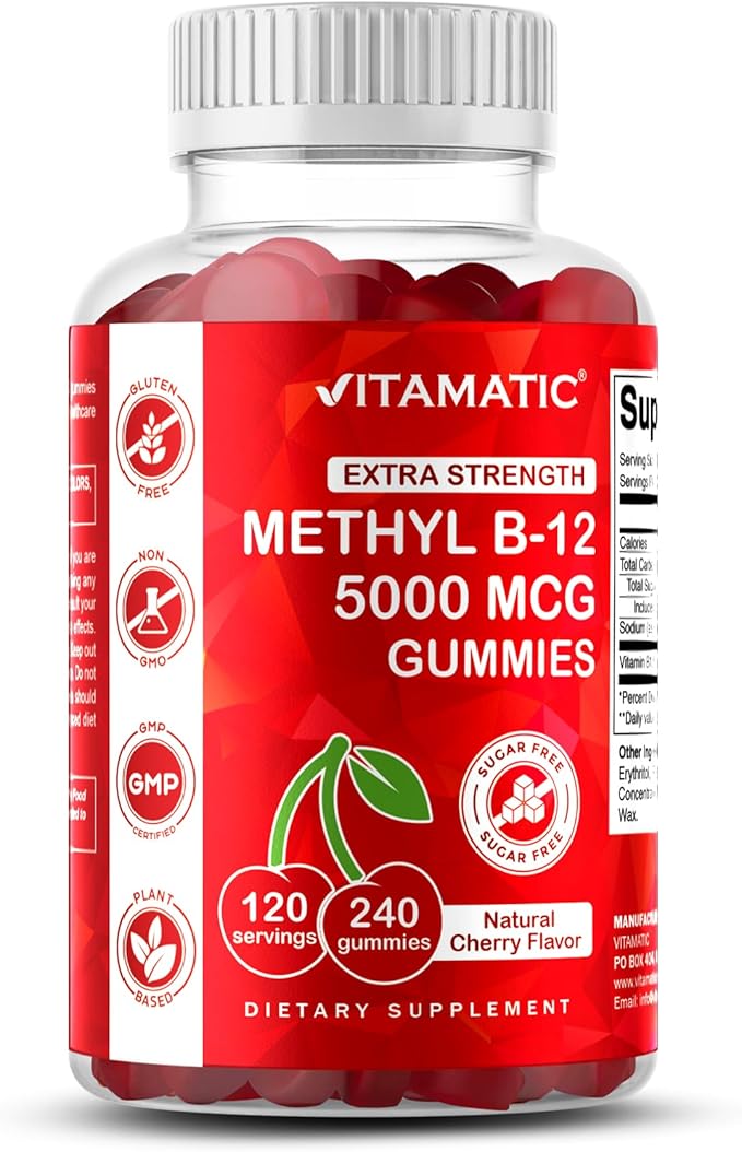 Vitamatic Extra Strength Vitamin B12 5000 mcg (Methyl B12) Gummies - 240 Count, Natural Cherry Flavored