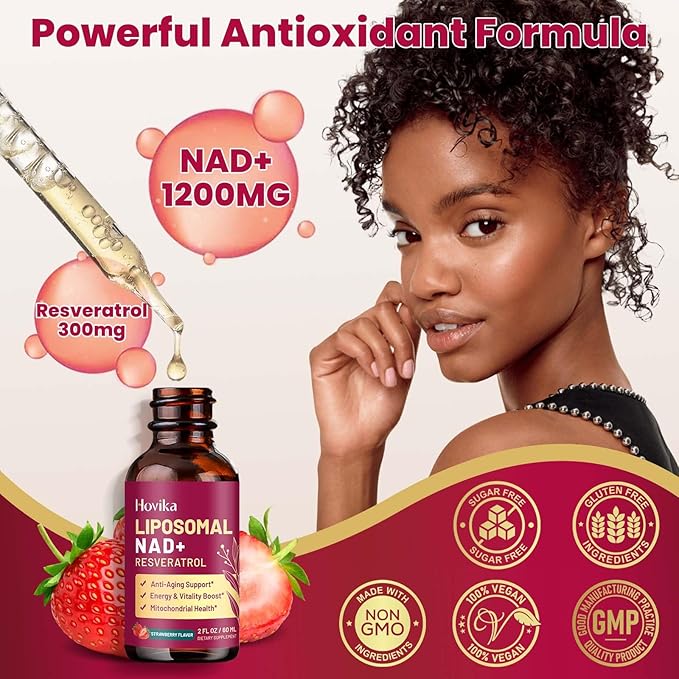 Liposomal NAD Supplement - 1200mg NAD+ Liquid Drops for Women & Men with Resveratrol, Black Pepper Extract - Support Anti-Aging, Brain & Cellular Mitochondrial Health - 2 Fl Oz, Strawberry Flavor