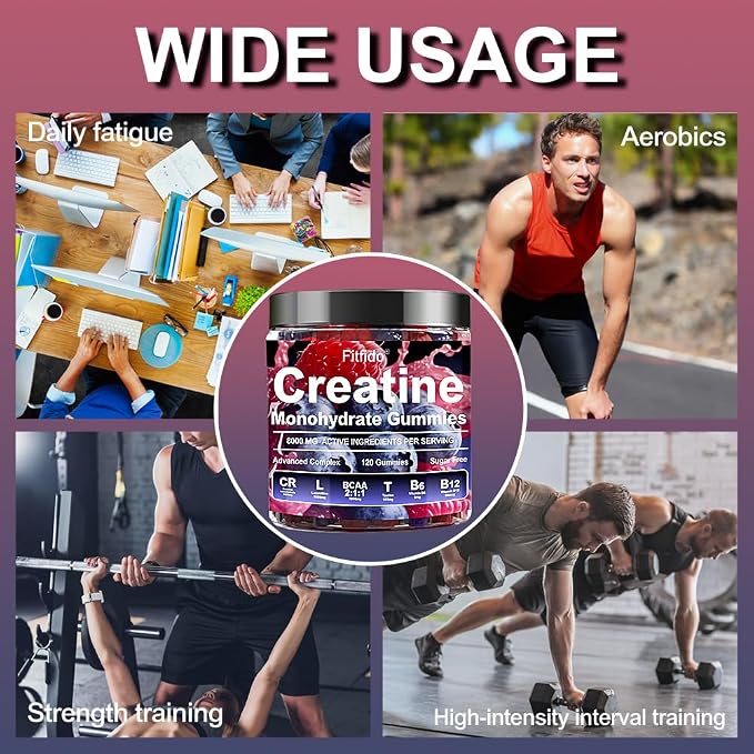 Creatine Monohydrate Gummies Complex 5000mg for Men and Women, Containing L-carnitine & Taurine, Build Muscle, Boost Energy, Faster Recovery, Sugar Free & Vegan, Raspberry & Blackberry, 120 Count