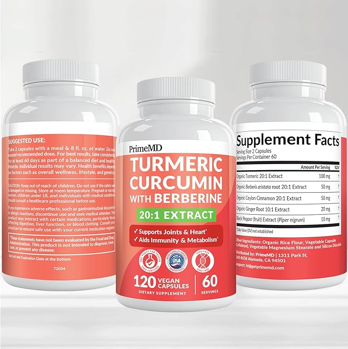 5-in-1 Organic Turmeric Curcumin Supplement (4210mg) with Berberine, Ceylon Cinnamon Bioperine and Ginger Supplements for Joint, Heart, Gut, & Metabolic Support (60 Servings)
