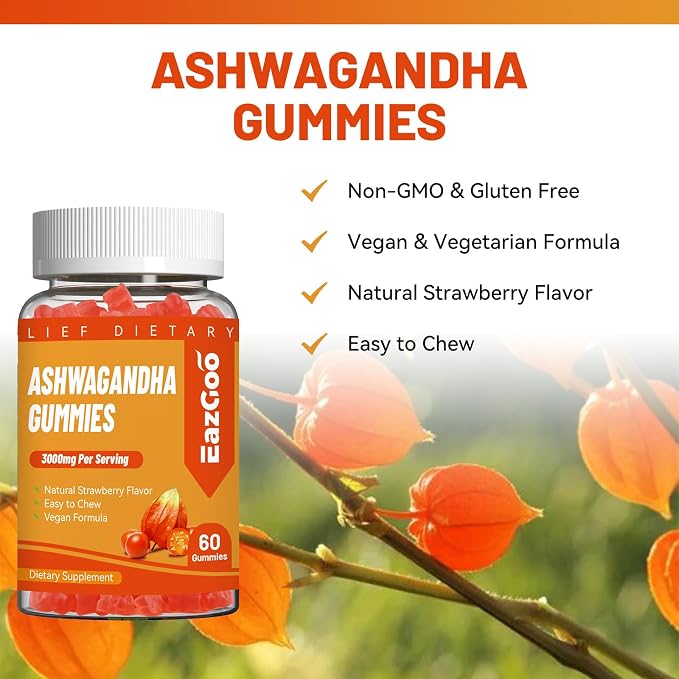 Ashwagandha Gummies & Vitamin D3, 3000mg Extra Strength Ashwagandha Root Extract for Boosts Energy, Immune Support, Non-GMO, Strawberry Flavor, 60 Count