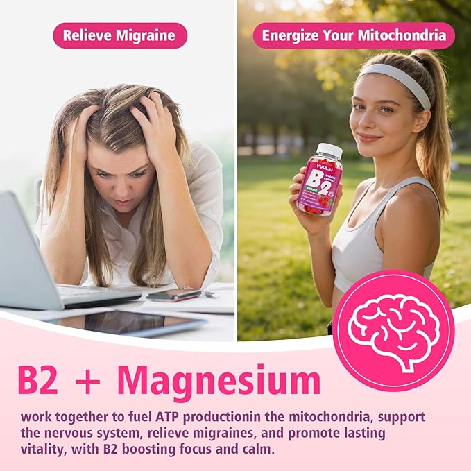 Vitamin B2 Gummies 400mg | Riboflavin Supplement with Magnesium for Kids & Adults, B2 Gummies for Migraine Relief, Nervous System & Skin Health, Vegan, Sugar-Free, Raspberry Flavor, 60 Count