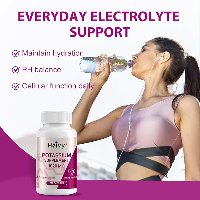 Heivy Potassium Supplement 1020 mg, Potassium Bicarbonate to Supports Muscle Function, Electrolyte Balance & Heart Health, Essential Minerals, Made in USA, Non-GMO, 240 Veg Capsules