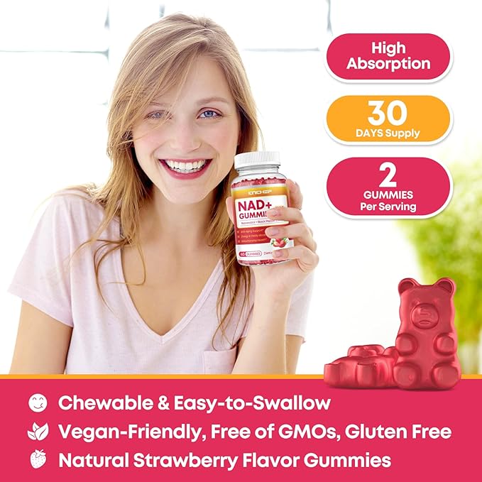NAD+ Gummies, 1200mg Liposomal NAD Supplement for Women & Men with Trans-Resveratrol & Black Pepper Extract Anti-Aging Supplement, Brain & Cellular Mitochondrial Health - 120 Gummies Strawberry