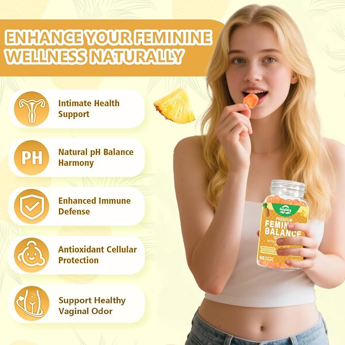 Suiyilary Feminine Probiotics Gummies, Vaginal Health & Women's pH Balance Gummy Supplement with Cranberry Pineapple Powder, Sugar Free Vegan, 60 Count (Pineapple)