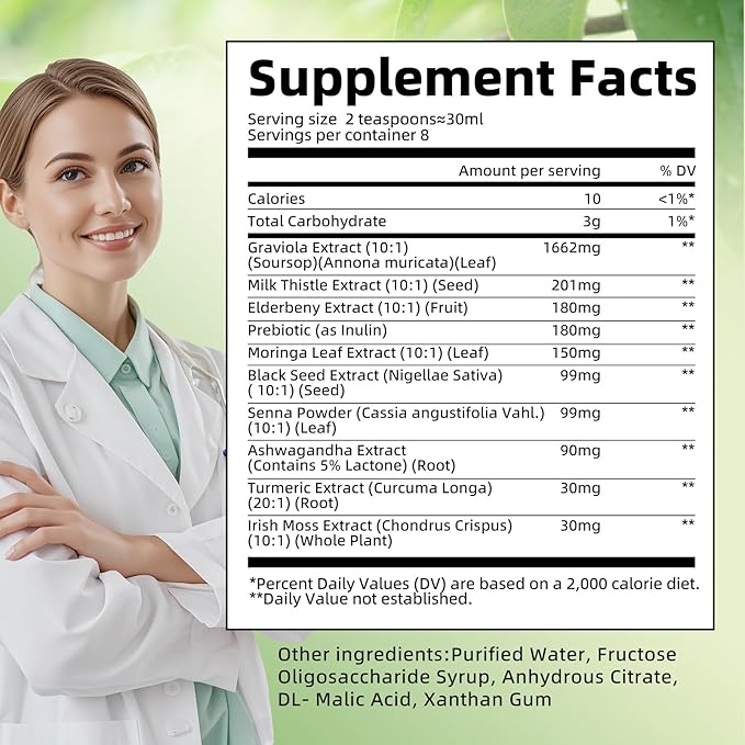 Soursop Bitters Liquid with Black Seed, Turmeric & Moringa-Pure 15 in 1 Herb Soursop Tea for Immune System, Digestive & Gut Health, Antioxidant,Skin Health Support 8 fl oz
