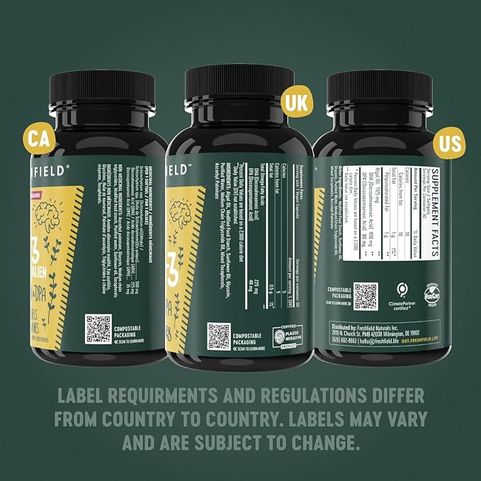 Freshfield Vegan Omega 3, Algae (Algal) Oil, Fish Oil Free Company, Third Party Tested, Carrageenan Free, DHA Supplement w/DPA, Plant Based Omega. Supports Heart, Brain, Joint Health