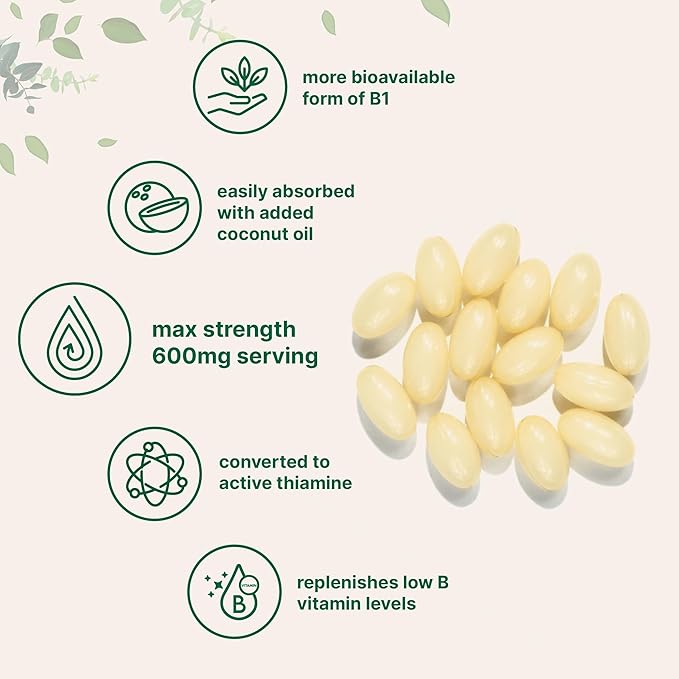 Vitamin B1 Benfotiamine 600mg Per Serving, 240 Coconut Oil Softgels | Bioavailable B Vitamins Supplement, Converted to Active Thiamine | Non-GMO, Soy Free