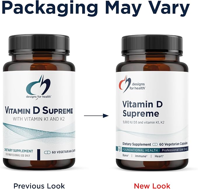 Designs for Health Vitamin D Supreme - Vitamin D 5000 IU with 2000mcg Vitamin K as MK4 for Bone Health, Heart Health, Mood & Immune Support - Vitamin D3 Enhanced with GG Supplement (60 Capsules)