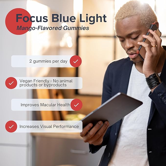 Focus Blue Light Supplement | Lutein and Zeaxanthin Supplement for Eye Health and Blue Light Protection | 60 Count Mango Flavored Gummy, 30 Day Supply