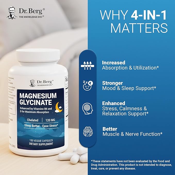 Dr. Berg Magnesium Glycinate 150ct – 4-in-1 Chelated for Muscle, Nerve, Sleep & Stress Support*– w/ D3, B6 & Zinc – 4X Lab-Tested – No Fillers – Formulated in USA, GMP-Certified