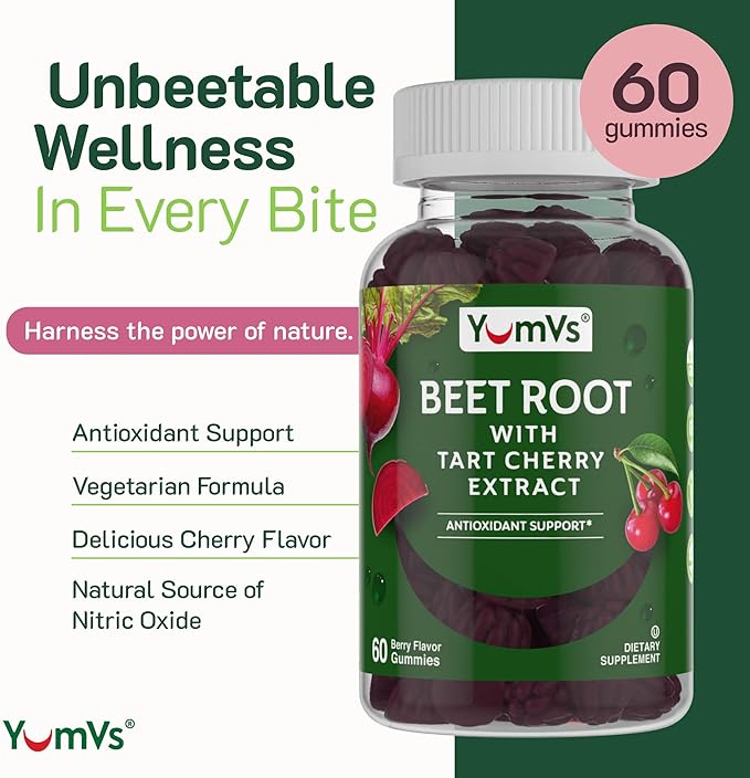 YUM-V'S Beet Root Gummies with Tart Cherry Extract - Berry Flavor Beetroot Gummies - Beet Chews for Blood Circulation and Antioxidant Support - Red Beets Gummies Berry 60 Count (Pack of 2)