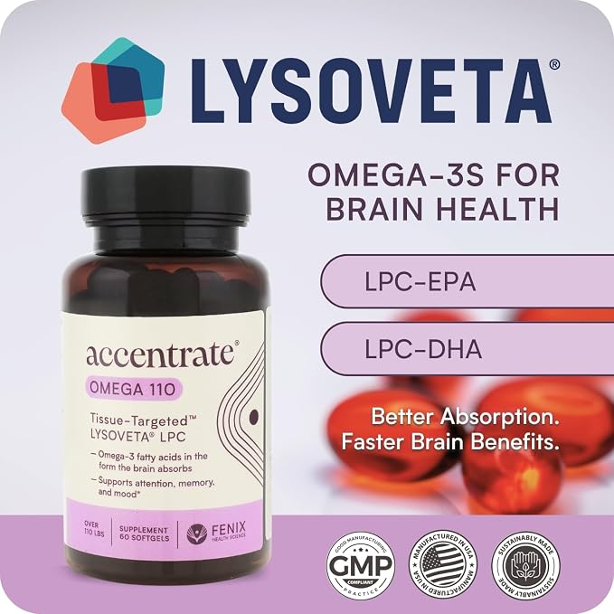 Omega 110 w/LYSOVETA LPC | EPA & DHA Supplements for Brain & Retina Health | Focus, Attention, Memory, Mood & Vision | 6X Higher Absorption Than Fish Oil | High Potency Omega-3 LPC-DHA