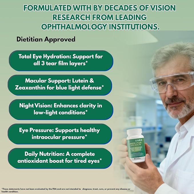 AREDS 2 Plus Eye Vitamin Supplement,Lutein and Zeaxanthin Supplements with DHA for Seniors Macular,Supports Visual Clarity,Focus & Eye Fatigue Relief,Non-GMO,Third-Party Tested(Made & Tested in USA)