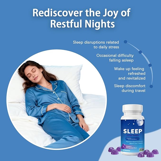Sleep Gummies with Magnesium, Melatonin & L-Theanine | Sleep Support Supplement for Relaxation & Restful Nights | Helps Wind Down Before Bed, Wake Refreshed | Blueberry Pomegranate Flavor, 120 Count