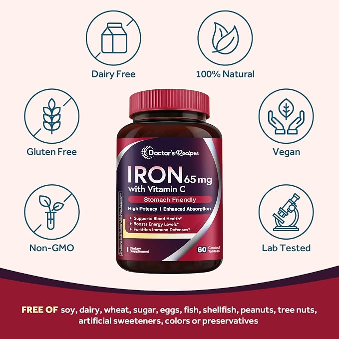 Doctor's Recipes Iron Supplement 65 mg with Vitamin C - Maximized Absorption & Stomach Friendly Iron Pills for Red Blood Cells Formation, Heart, Brain & Immunity Health - Vegan 120 Iron Tabs (2 Pack)
