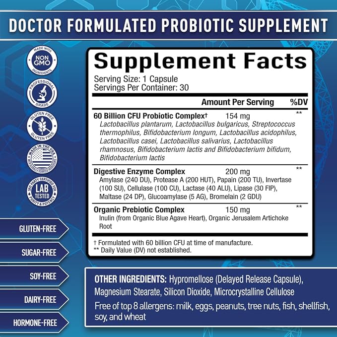 Purely Optimal Probiotics for Digestive Health, 60 Billion CFU – Delayed-Release with Digestive Enzymes & Organic Prebiotics – Bloating, Immune & Energy Support, 30 Caps