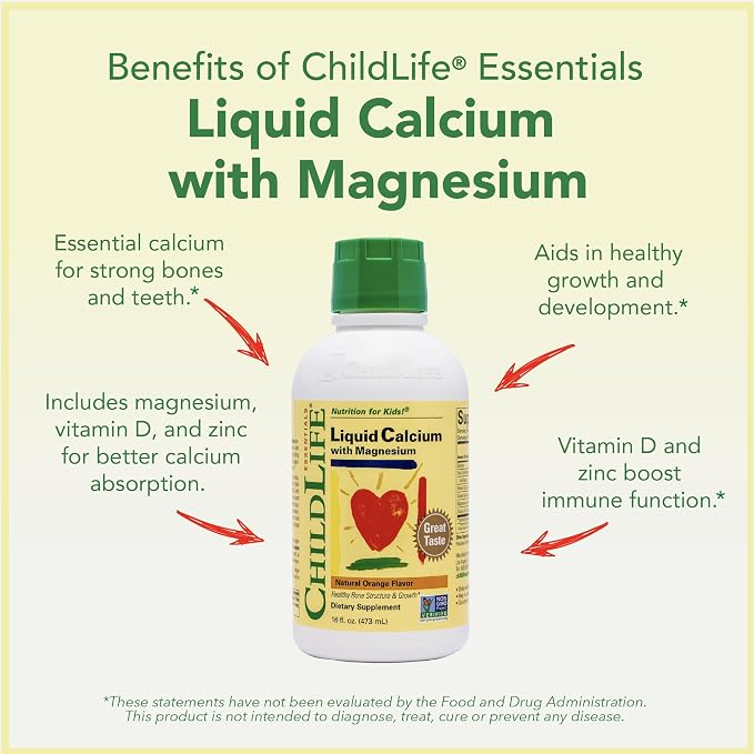 ChildLife Essentials Liquid Calcium Supplement for Kids - Baby Calcium with Magnesium, Zinc, and Vitamin D3 - Orange Flavor, 16 fl oz (6 Pack)