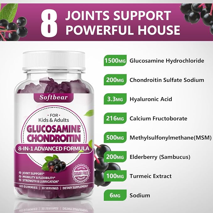 softbear Glucosamine Chondroitin Gummies, Sugar Free Glucosamine Chondroitin MSM Supplement with Elderberry Turmeric Supports Joint Health & Antioxidant, Elderberry Flavored 60 Count