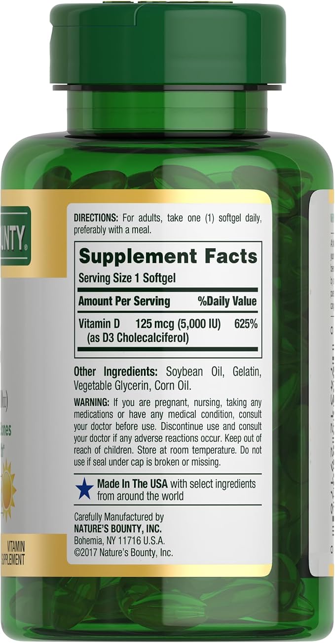 Nature's Bounty Vitamin D3 5000 IU Softgels, Rapid Release, Immune Support, Vitamin D Supplements, 240 Ct