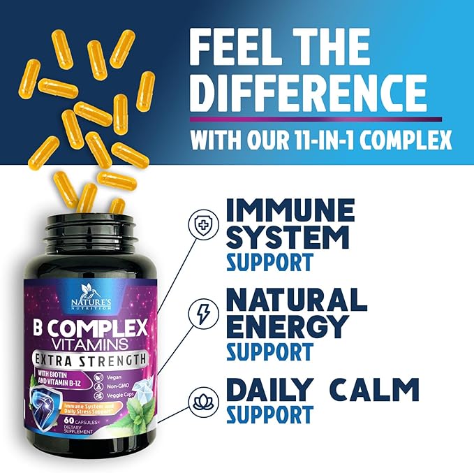 B Complex Vitamins Capsules - Super Complete B-100 Complex with Vitamin B12 B6 C Biotin Folate & Folic Acid for Immune & Energy Support - Supplement for Heart, Brain, & Nerve Support - 60 Capsules