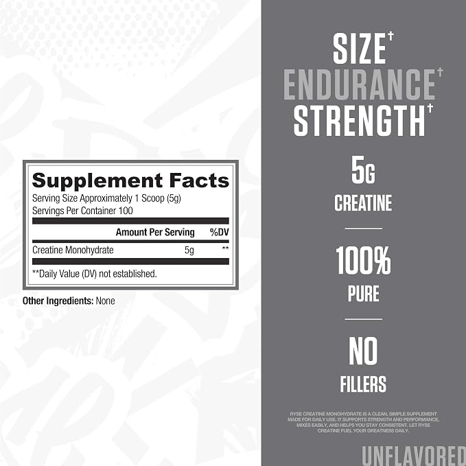 Ryse Creatine Monohydrate Powder - Unflavored - Supports Men & Women Lean Muscle Growth, Strength, Power, and Endurance - Helps Reduce Fatigue and Improve Workout Recovery - 100 Servings