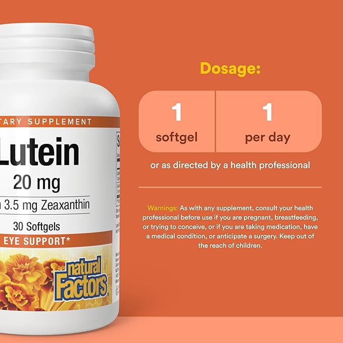 Natural Factors - Lutein 20mg, Natural Antioxidant to Support Eye Health, 30 Soft Gels