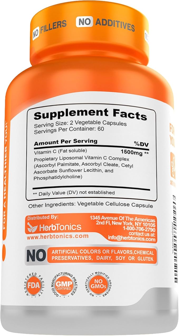Herbtonics Liposomal Vitamin C Capsules 1500mg Immune Support Supplement | Immune System Health | High Absorption Vitamin C | Contains Collagen | 120 Vegan Capsules Non-GMO