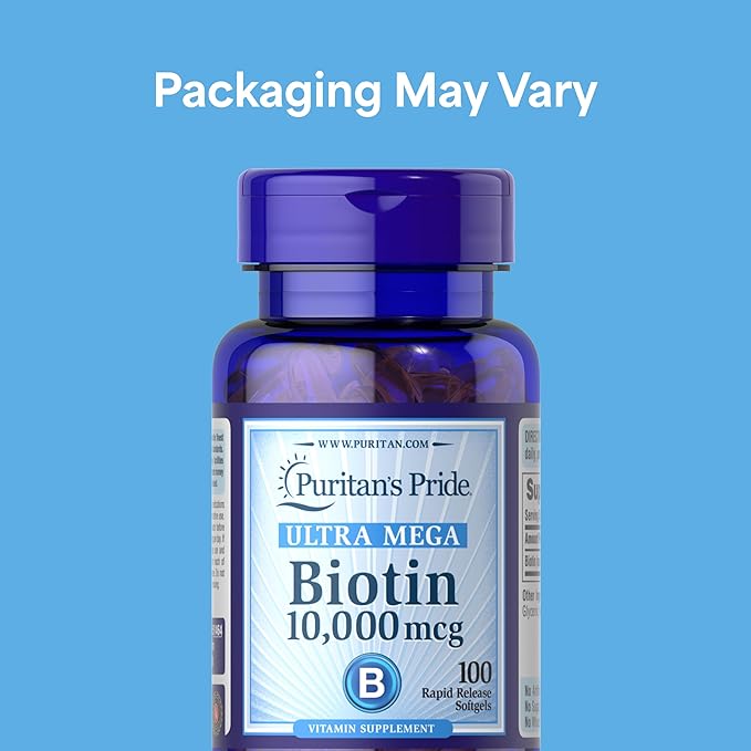 Puritan's Pride Premium Ultra Mega Biotin 10,000mcg, Dietary Supplement for Healthy Hair, Skin, Nails, and Energy Metabolism Support, 100 Day Supply, 100 Rapid Release Softgels