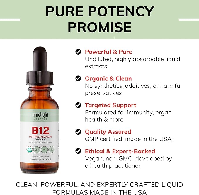 USDA Organic Vitamin B12 Liquid Drops 5000 mcg, Methylcobalamin, Sublingual, Fast Absorption, Cellular Energy, Metabolism Support, Nervous System, Mental Focus, Vegan, Non-GMO, 2 fl oz, 60 Servings