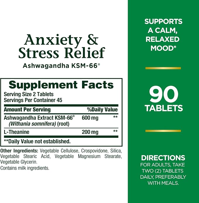 Nature's Bounty Stress Relief, Ashwagandha KSM-66, Supports Occasional Stress Relief, Dietary Supplement, 2 Tablets per Day, Vegetarian Tablets, Gluten Free, 90 Count (Pack of 2)