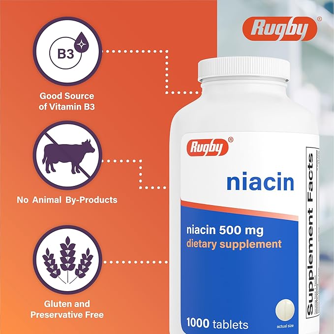 Rugby Niacin 500mg - Vitamin B3 Supplement for Men and Women - 1,000 Tablets (1-Pack)
