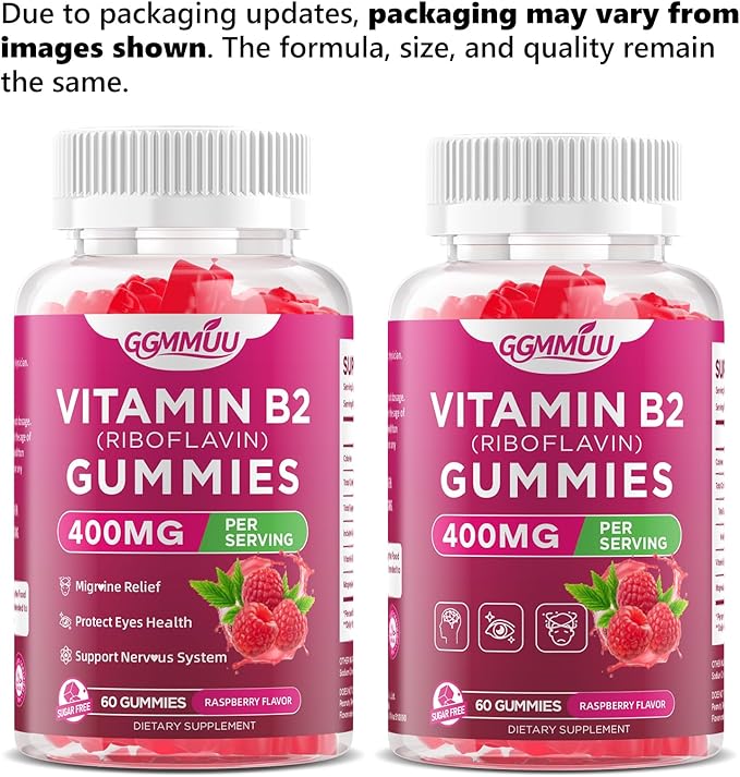 2 Pack Vitamin B2 Gummies Riboflavin 400mg Supplement with Magnesium for Kids & Adults B2 Gummies for Nervous System Support & Skin Health, Raspberry Flavor, 120 Count