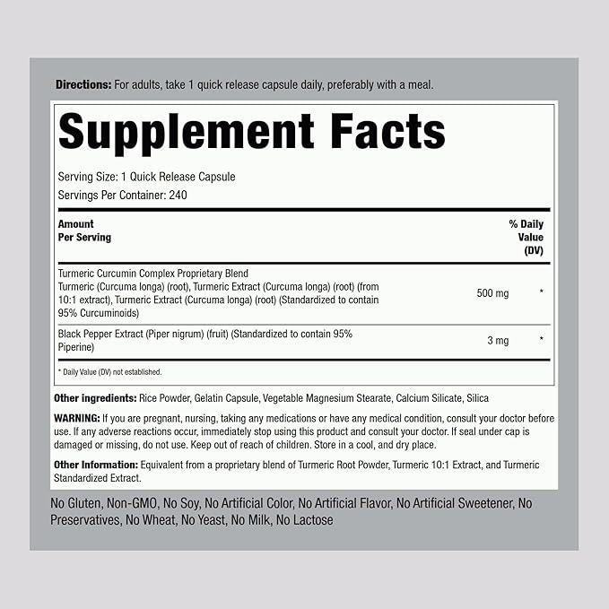 Piping Rock Turmeric Curcumin Supplement | 240 Capsules | with Black Pepper Extract | Standardized Complex | Non-GMO, Gluten Free