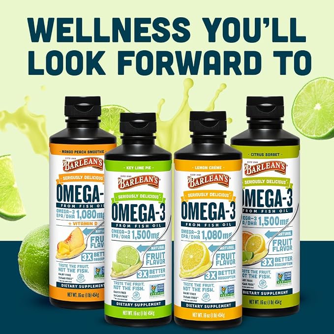 Barlean's Omega 3 Fish Oil Liquid Supplement for Men and Women, 1500mg of EPA and DHA Fatty Acid, Promotes Brain & Heart Health - Non-GMO, Key Lime Pie, 16 oz