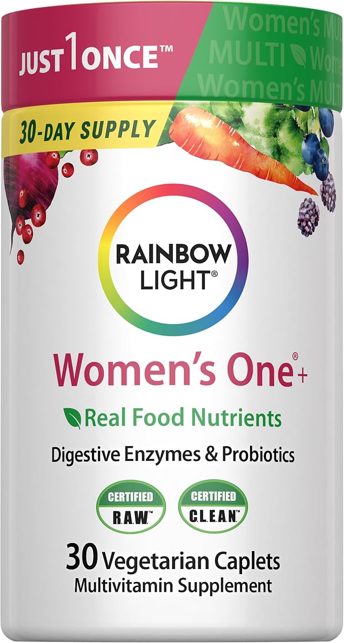 Rainbow Light Womens Multivitamin One + | 30 Caplets | Real Food Nutrients, Digestive Enzymes & Probiotics