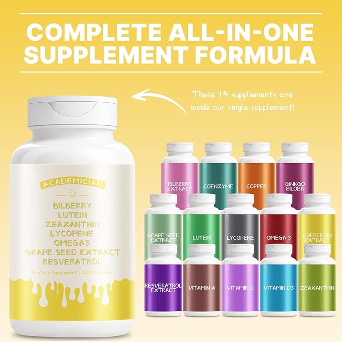 Omega 3 Fish Oil Supplements with Lutein Zeaxanthin Bilberry Vitamins Capsules Grape Seed Extract Supplement - 120 Count