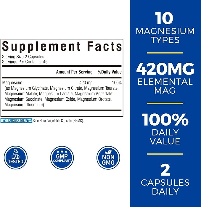 Vitalibre 10 in 1 Magnesium Complex, 420mg Elemental Magnesium | Ultra Strength, Max Absorption | Chelated Magnesium Supplement for Nerves, Bone & Heart Health | Non-GMO, 90 Vegan Capsules
