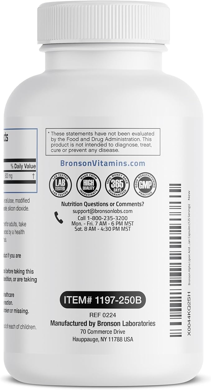 Bronson Alpha Lipoic Acid 600 MG Free Radical Scavenger Supports Antioxidant Health - Non-GMO, 250 Vegetarian Capsules (125 Servings)