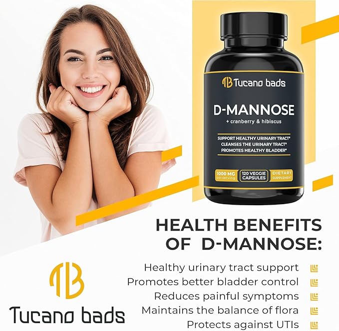 Urinary Tract Infection Treatments D Mannose 1000mg Capsules - Potent D-Mannose & Cranberry Pills with Hibiscus Extract - Healthy Bladder Control, Strength Urinary Tract Support (120 Capsules)