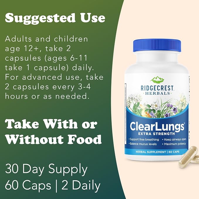 RidgeCrest Herbals ClearLungs Extra Strength, Daily Health Supplement, Natural Lung and Nasal Wellness Formula (60 Vegan Caps, 30 Serv)
