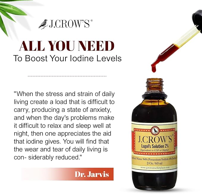 J.CROW'S® Lugol's Iodine 2% Solution, Iodine & Potassium Iodide 2 oz (2 Bottles) - Liquid Supplement Drops - Non-GMO, Alcohol-Free - 1200 Drops