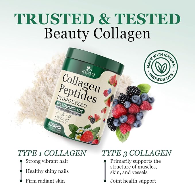 Collagen Peptides Powder 20g - Hydrolyzed Type 1 & 3 Berry Flavor Collagen Powder - Biotin, Hyaluronic Acid, Vitamin C - Hair, Skin, & Nails Support Supplement for Women & Men - Bottled in USA, 10.5oz
