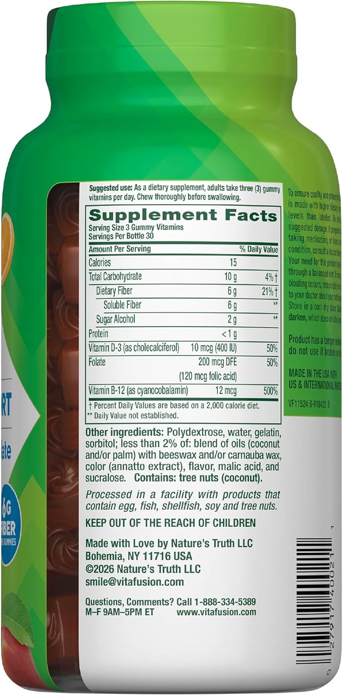 Vitafusion GLP1 Gummy Supplement | 90 Sugar Free Gummies | Vitamin & Mineral Blend with Fiber, D3, B12, and Folate | for Women & Men | Tropical Peach Flavor | Gluten Free Formula